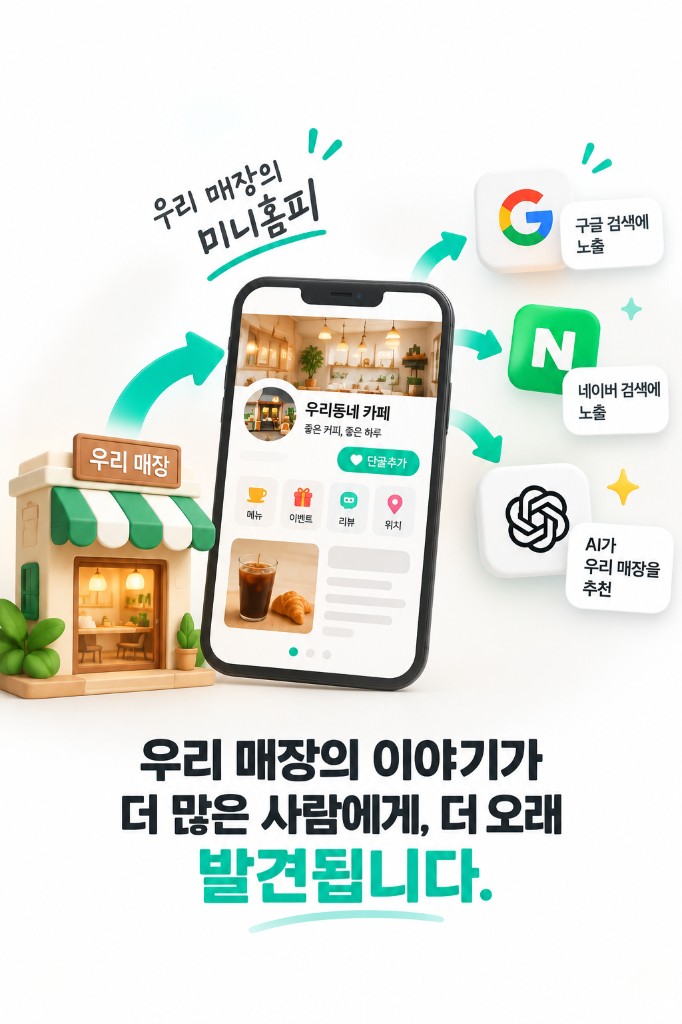 우리 매장의 미니홈피가 구글·네이버 검색과 AI 추천에 노출되는 모습을 보여주는 목업